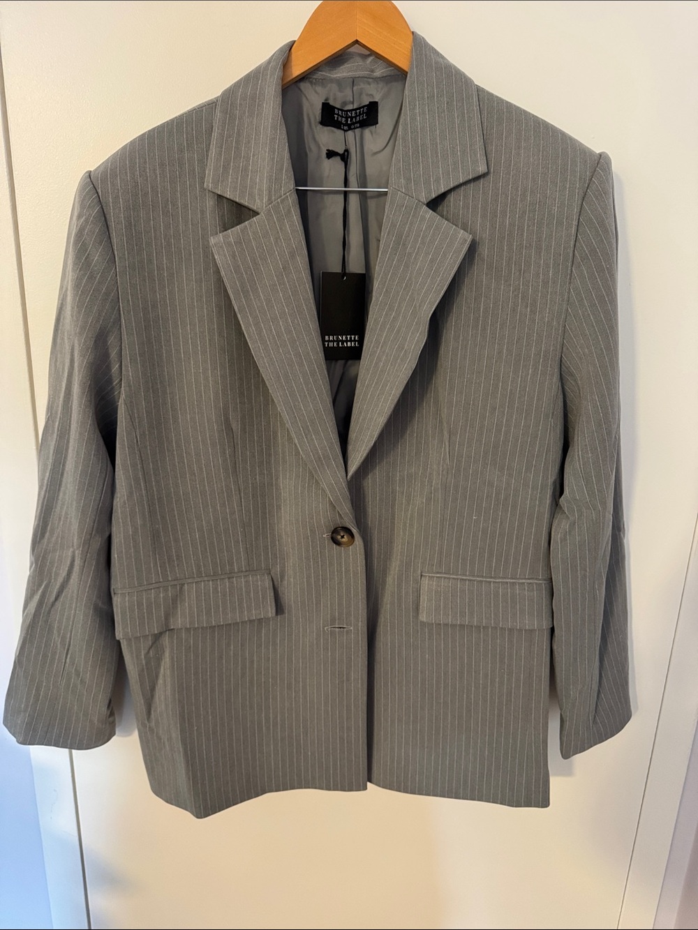Brunette The Label Gray Pinstripe Single-Button Blazer